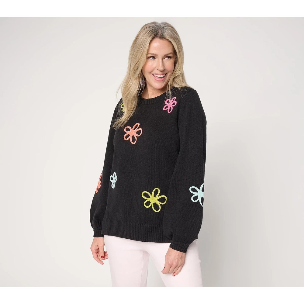 Belle by Kim Gravel Femme Flowers Chenille Daisy Sweater Black, Small  #37E
